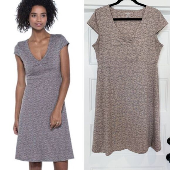 Toad & Co Rosemarie Fit & Flare Organic Cotton Large Taupe/Navy Dress, Large - Picture 1 of 6